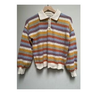 Kuose Striped Sweater Heart Buttons Scalloped Hem